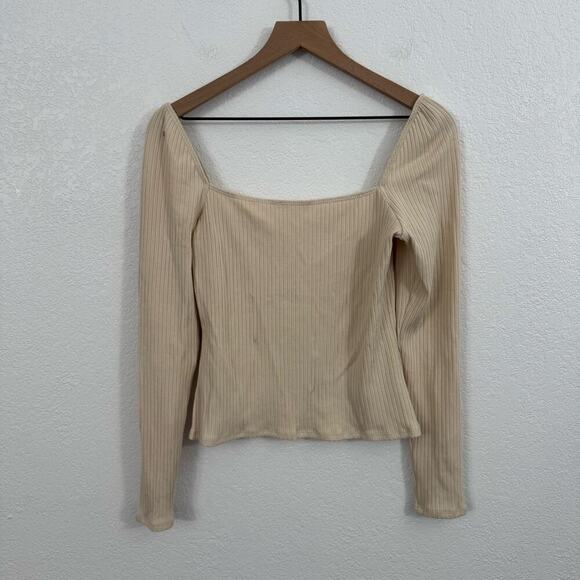 Reformation October Sweetheart Neck Long Sleeve Ribbed Knit Top Bone Cream XL - Picture 10 of 14